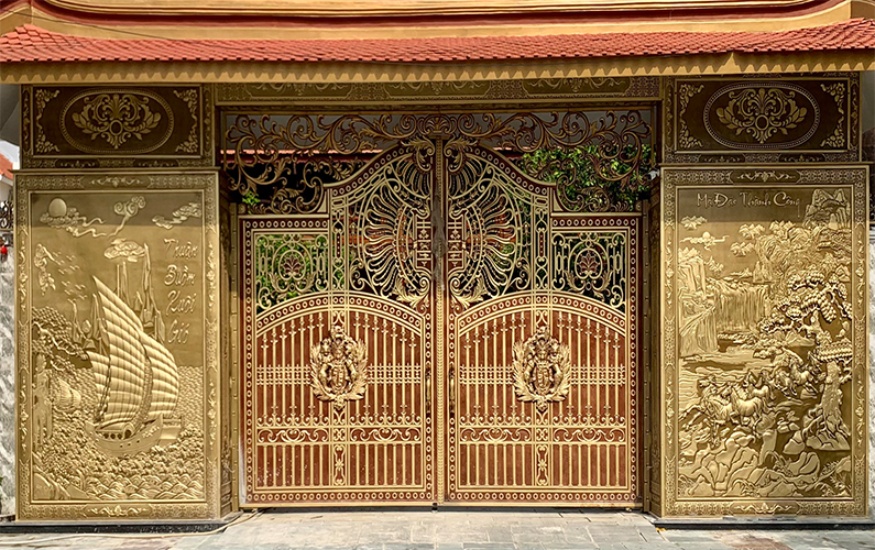 Mẫu cổng nhôm đúc họa tiết phù điêu tranh vẽ