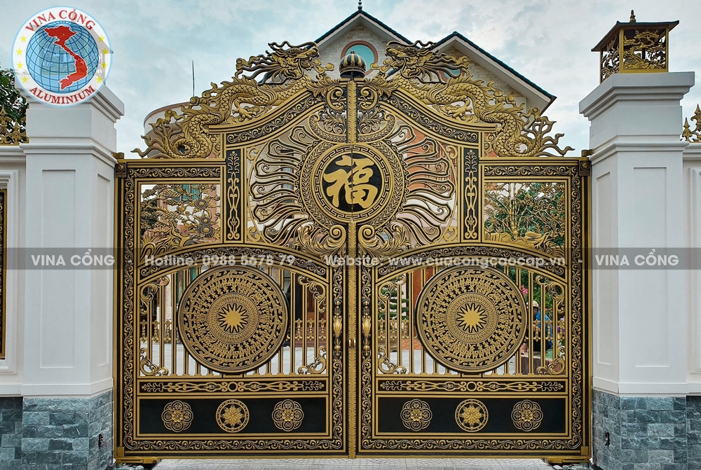 Cổng nhôm đúc biệt thự mẫu Trống Đồng