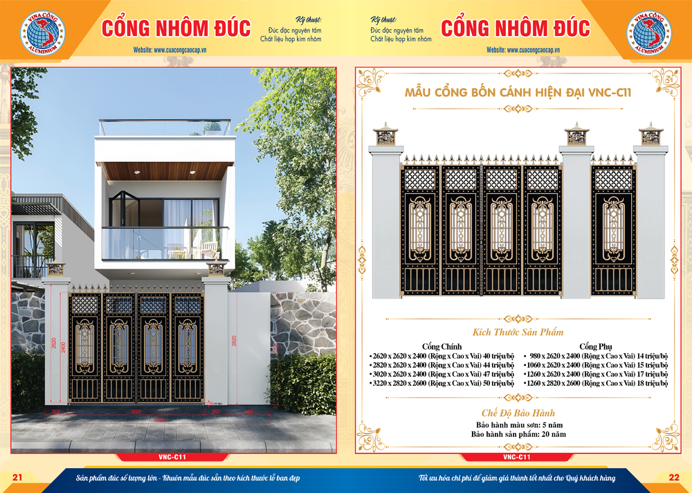 Thông số kỹ thuật cổng nhôm đúc bốn cánh hiện đại VNC-C11